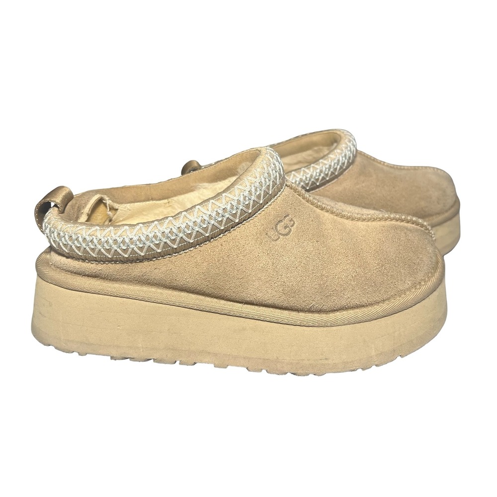 UGG Tazz Platform Suede Mules Mustard Seed Beige 1122553 Womens Size 6